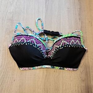 Victoria Secret Swim Bikini Top 32C Black Embroidered Tassels Bandeau